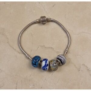 Sterling Silver Snake Braid Charm Bracelet 4 Glass & Sterling Beads Pandora 7"